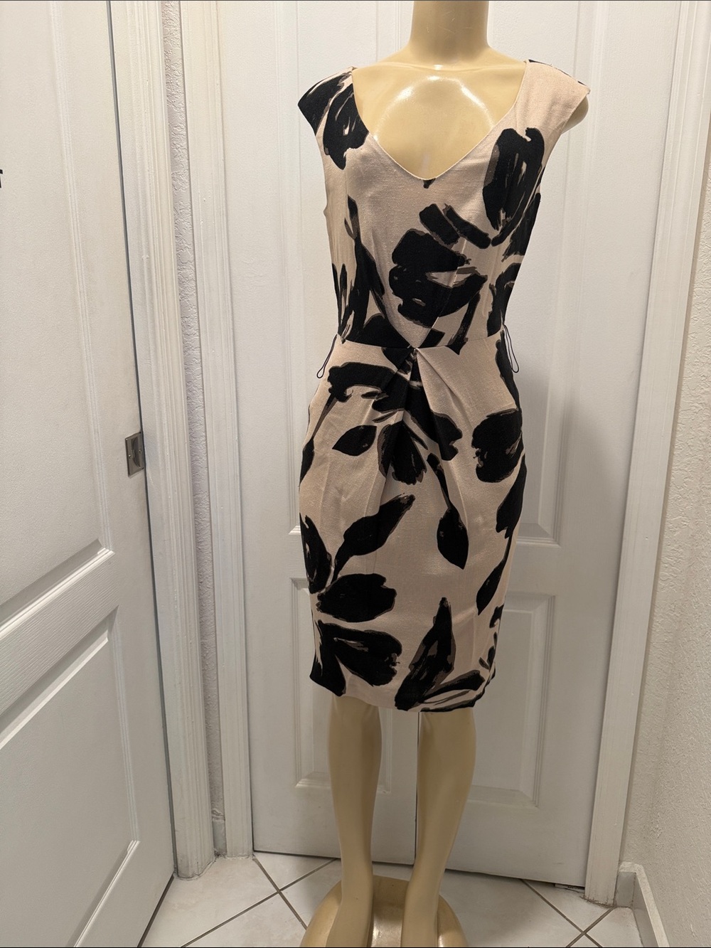 Zara Beige Midi Dress with Black Floral Print
